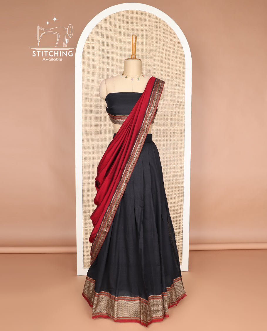 Black cotton half saree with contrast zari design border, zari design blouse & zari design border dhavani