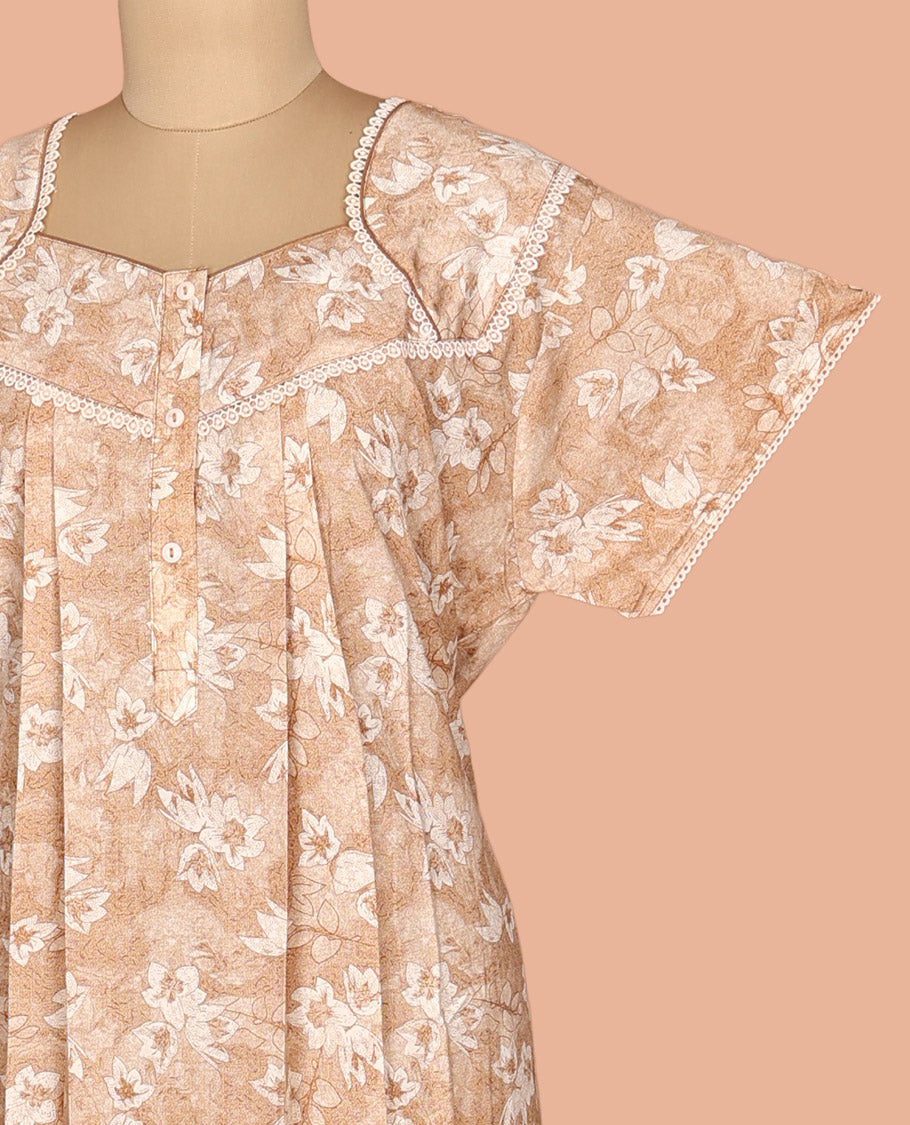 Light Sandal Floral Print Cotton-Blended Nighty