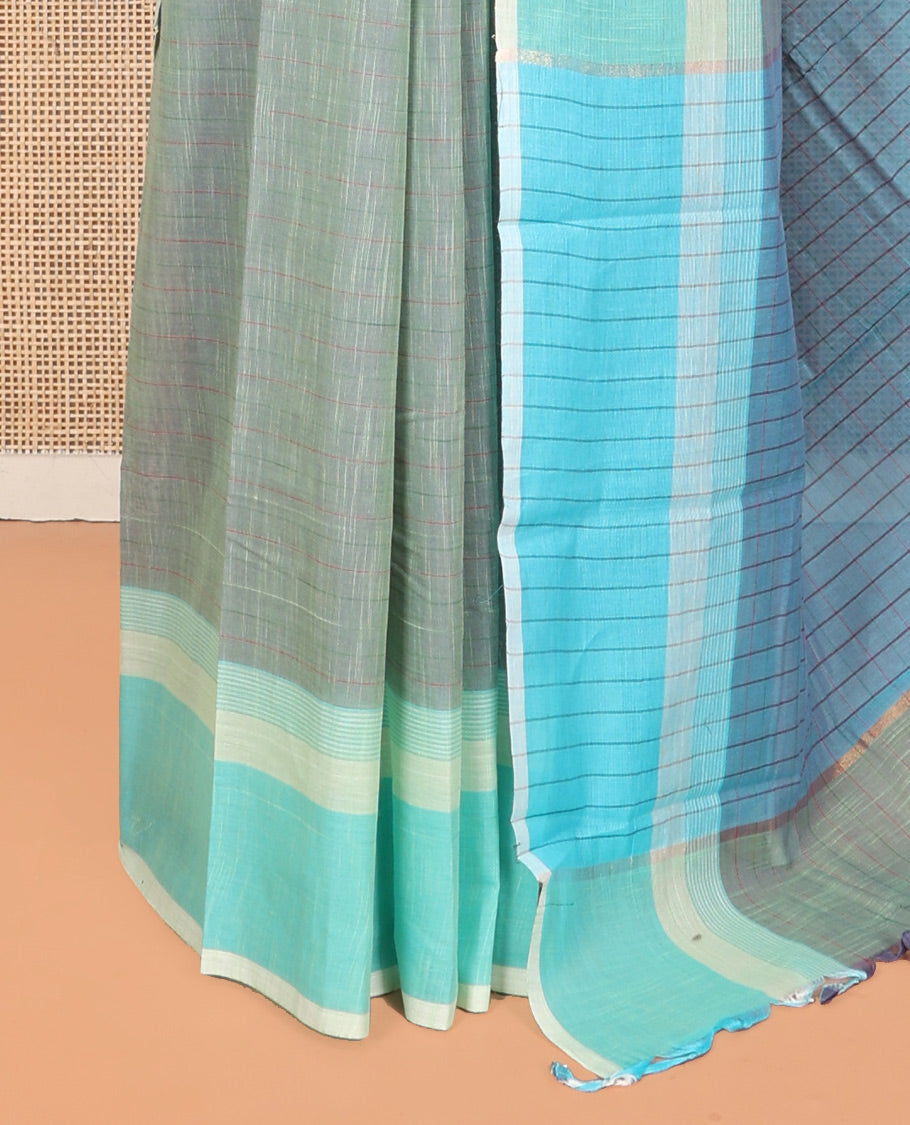 Grey Striped Andhra Cotton Saree, Complemented by a Contrast Border, Striped Pallu, and a Matching Blouse