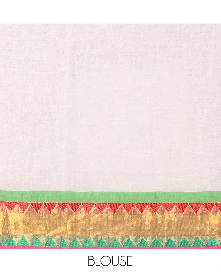 Off-White Khadi Mul Cotton Saree Accentuated with Heart Motifs Embroidery All Over Its Body, Complemented by a Contrast Tissue and Resham Thread Temple Border, Pallu Steeped with Heart Motifs Embroidery, and Paired with a Matching Blouse