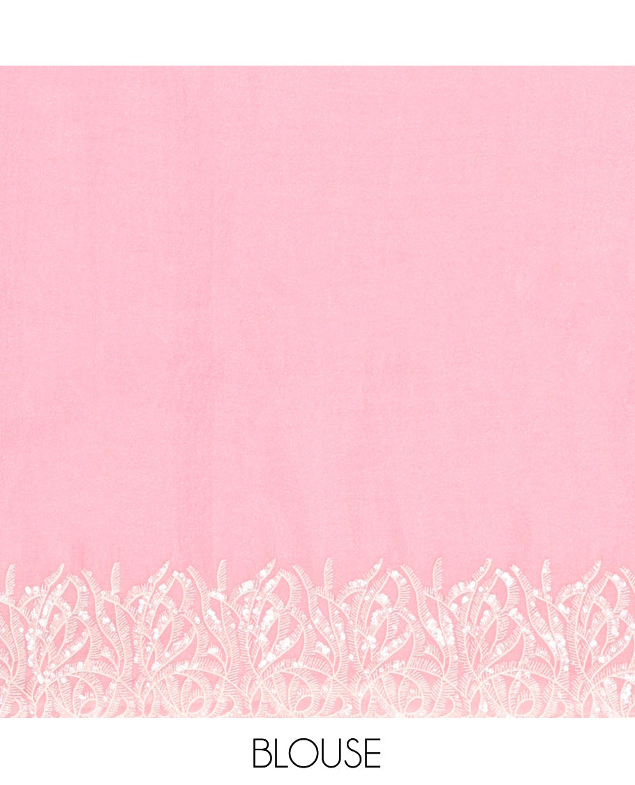 Pink Plain Organza Saree, Floral Vine Sequins Embroidery Border, and Matching Blouse