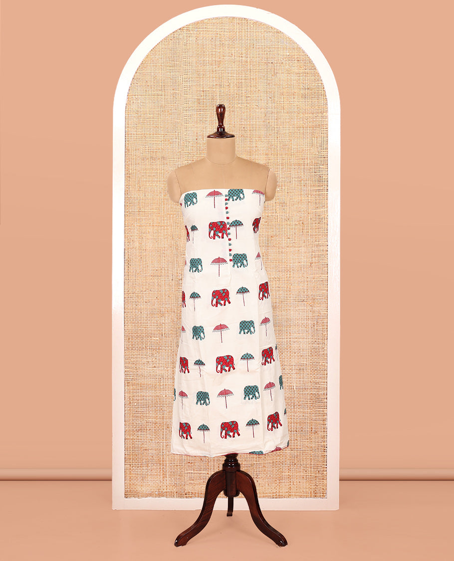 Cream-Red Material Chudidar Features an Elephant-Umbrella Printed Top, a Contrast Bottom, Contrast Bordered Dupatta
