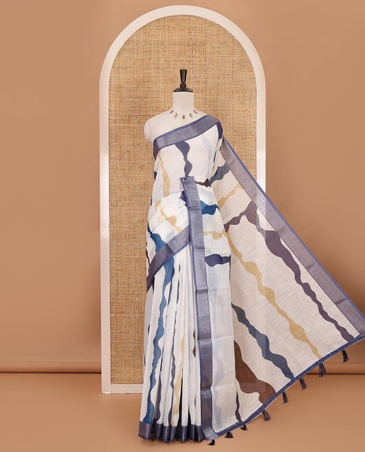 White-blue shibori printed linen saree, silver zari border, shibori printed pallu & contrast shibori printed blouse