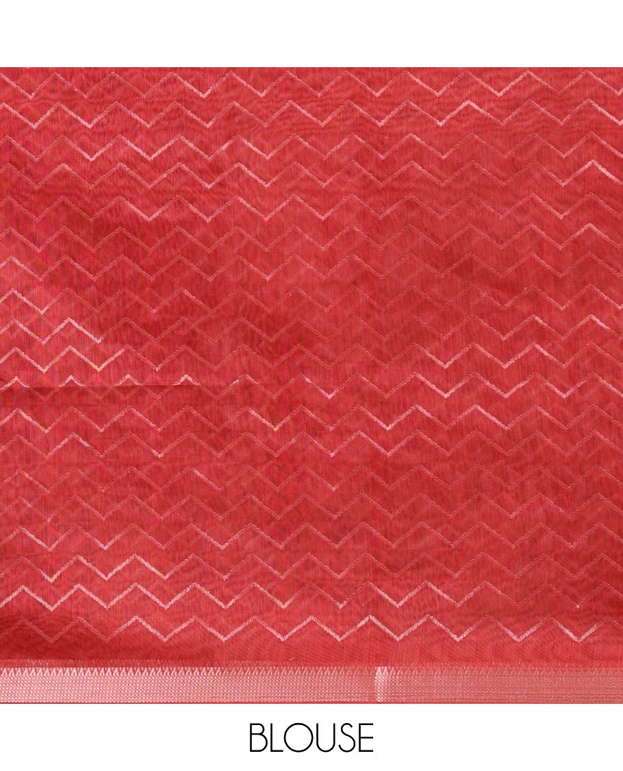 Red semi-dupion saree with zig-zag stripes in golden color zari, pochampally ikkat border of traditional zari design & pallu of pochampally-style print