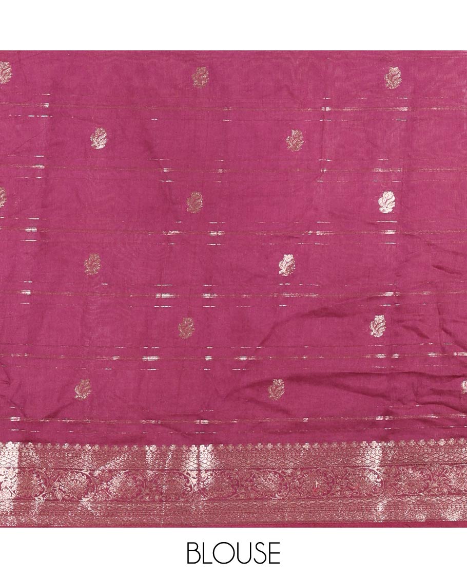 Wine Assam Silk Saree, Enthralled with Horizontal Zari Stripes and Zari Buttas All Over Its Body, Highlighted by a Traditional Zari Border of Floral Creeper Designs, Zari-Striped Pallu, and Paired with a Matching Blouse