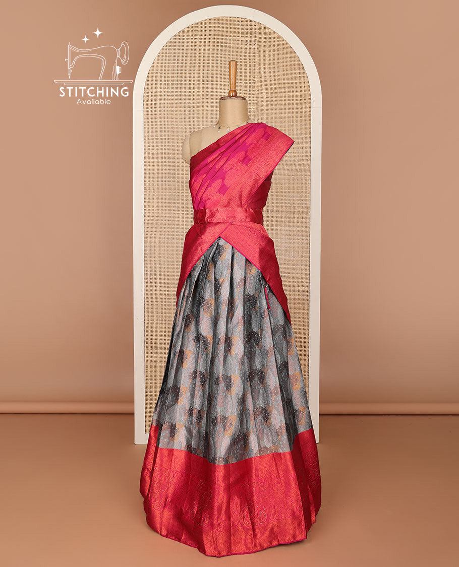Grey floral jaal design half saree with contrast zari design border , zari design blouse & floral zari design dhavani