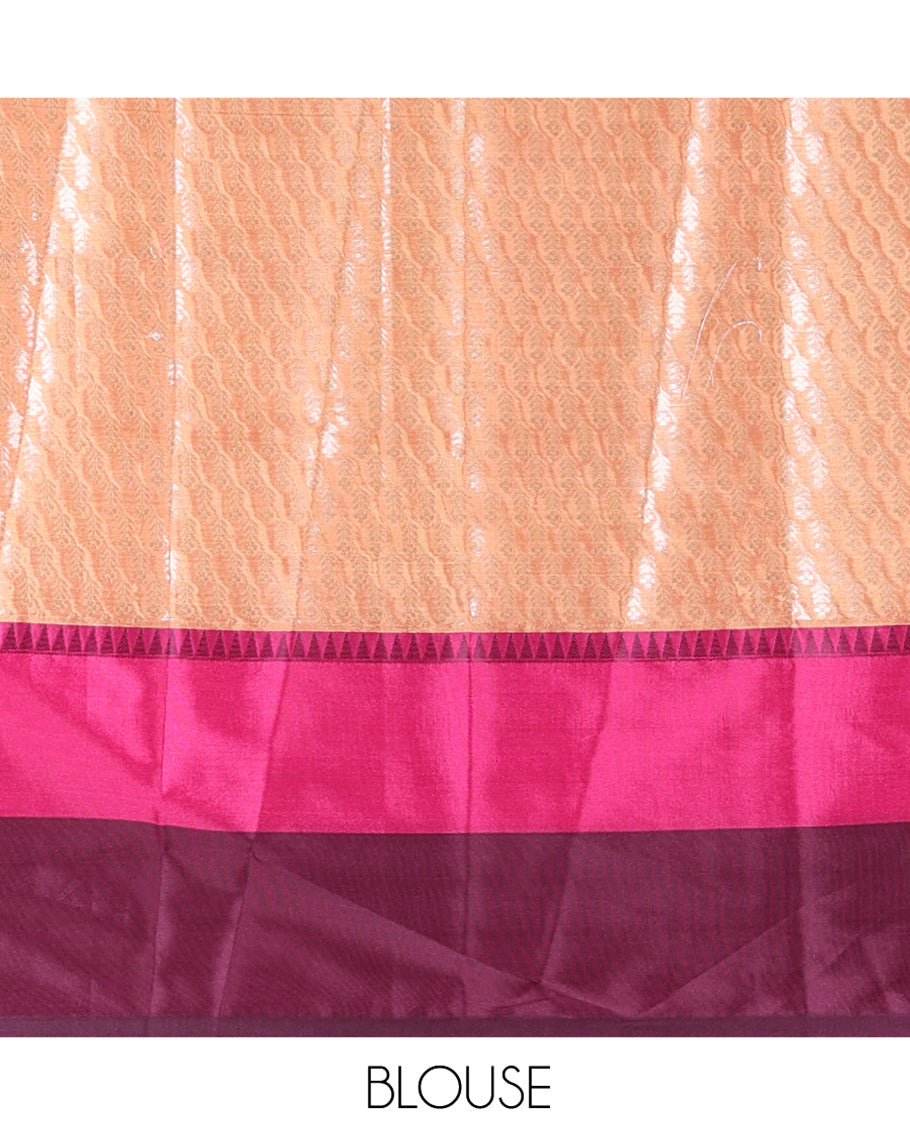 Gold Warm Silk Saree, Majestically Detailed with Zari Buttas and Zari Checks on Its Body, Complemented by a Contrast Temple Border of Unique Designs, Intricately Designed Pallu, and Paired with a Matching Blouse