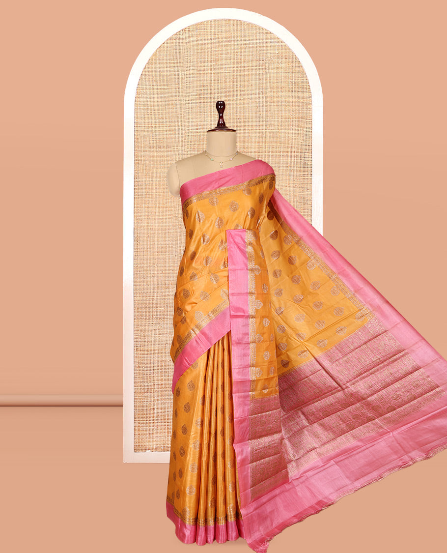 Yellow Tusser Silk Saree Features Zari Buttas, a Contrast Zari Border, Grand Pallu, and a Contrast Blouse