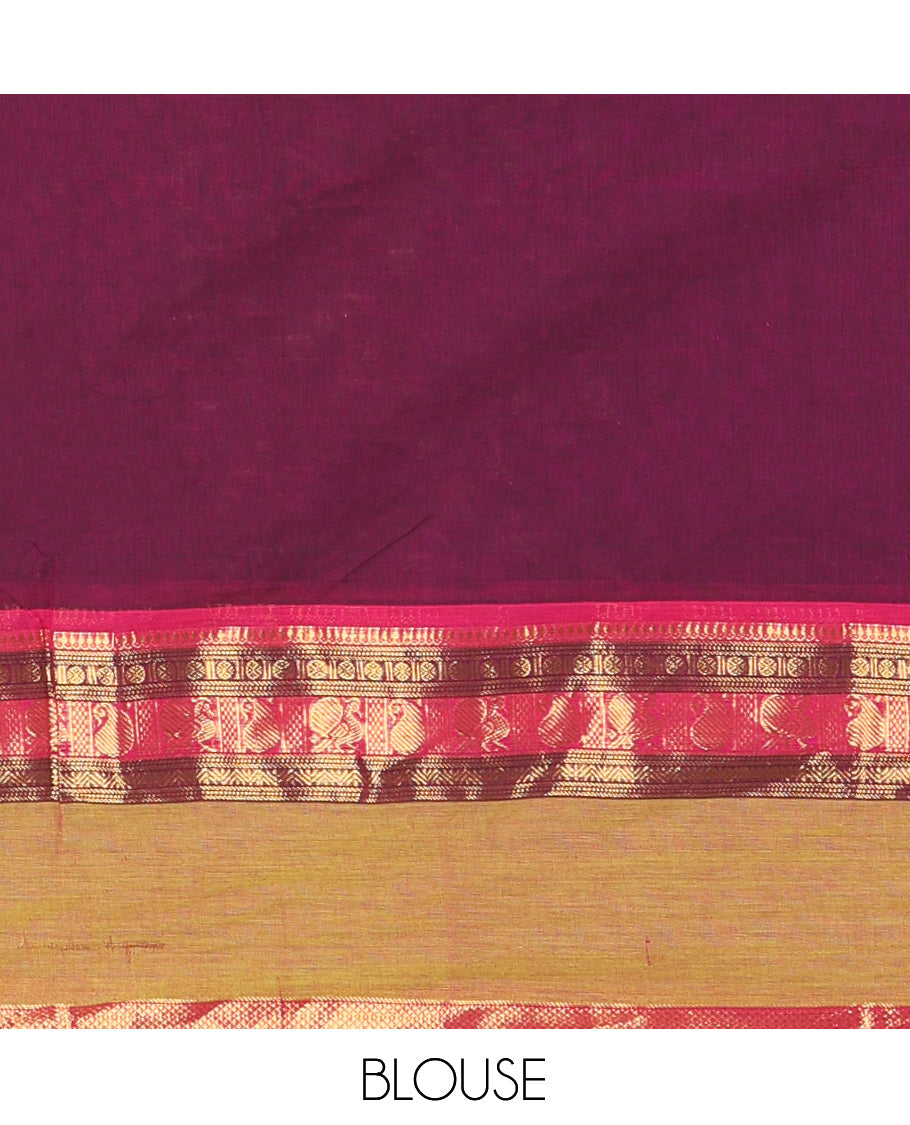 Wine Chettinad Cotton Saree, Woven with Zari Buttas, a Contrast Traditional Rettai Pettu Border, Matching Blouse