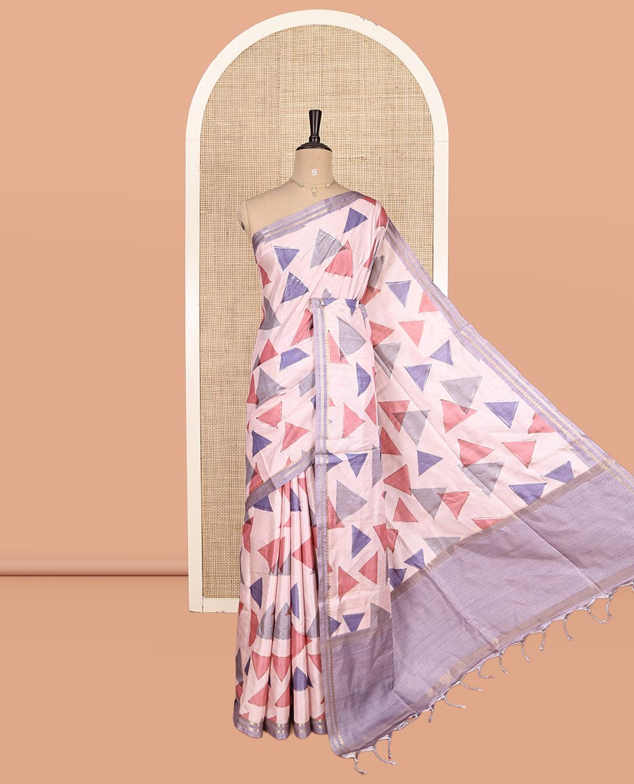 Pink Fancy Tussar Silk Saree Features Triangle Motifs, Zari Border, Striped Pallu, Matching Blouse