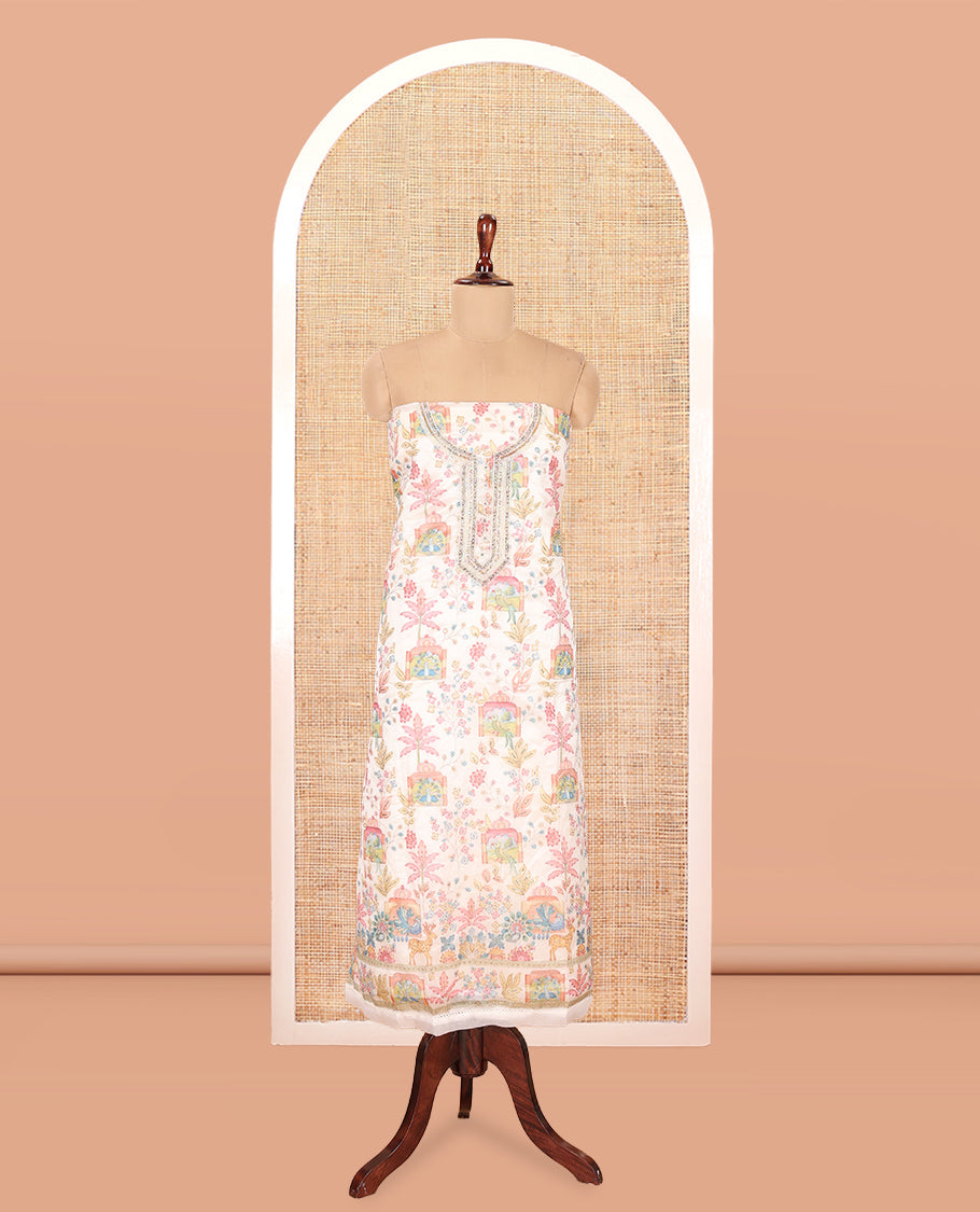 Cream Organza Material Churidar, Intricately Printed Outlined Embroidery Top, a Matching Bottom, and a Floral Embroidered Dupatta