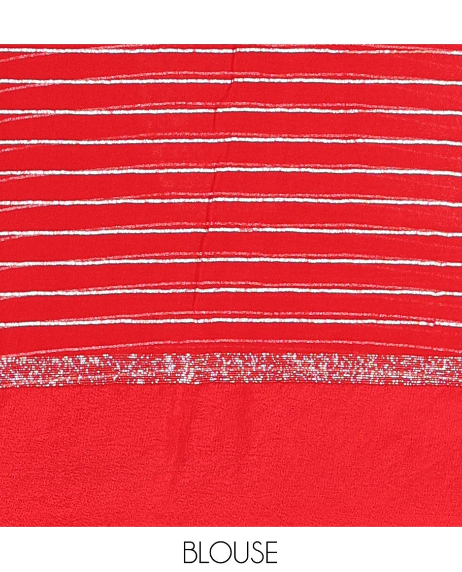 Red Viscose Georgette Saree Gleamed with Horizontal Golden Zari Stripes All Over Its Body, Accentuated by a Satin Plain Border, a Self Pallu Featuring the Same Horizontal Stripes, and Paired with a Running Blouse