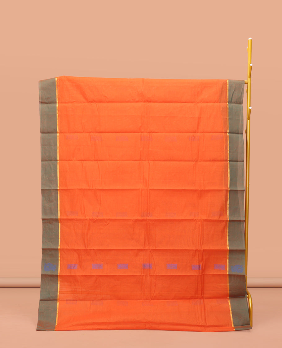 Orange Kanchi Cotton Saree, Adorned with Buttas on Its Body, Complemented by a Contrast Unique Design Border, Jaal Design Pallu, and a Matching Blouse