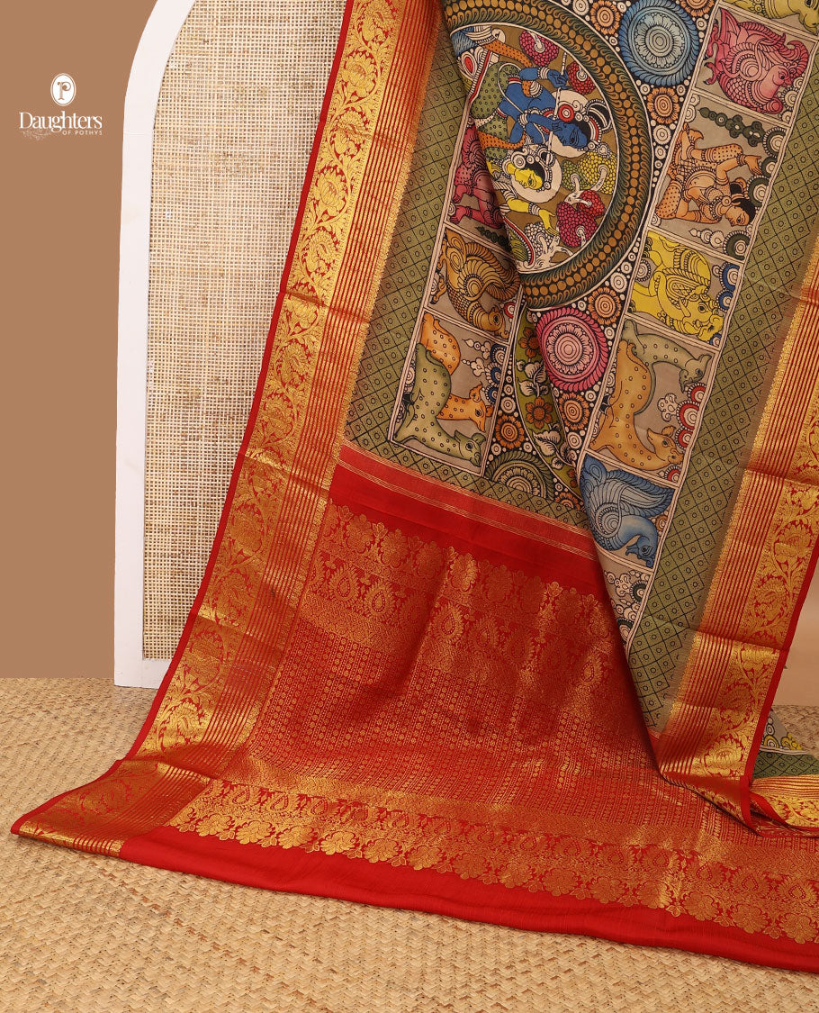 Sandal pichwai theme design kalamkari silk saree with contrast intricate zari design border & floral jaal design pallu