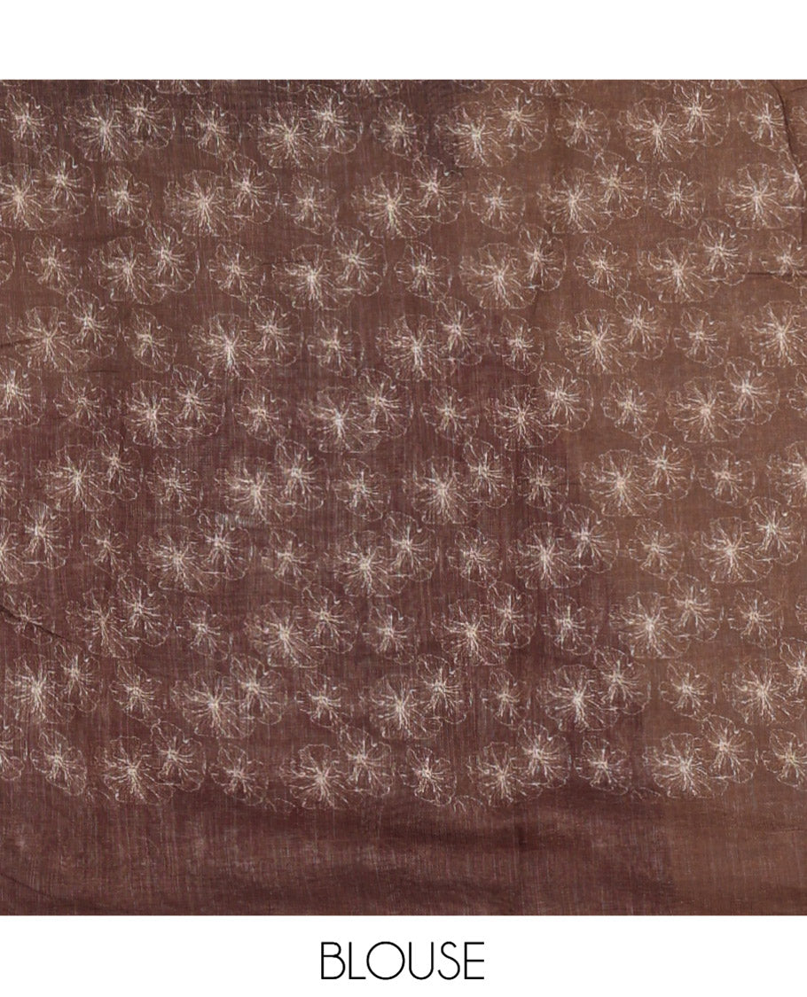 Chikku Abstract Printed Linen Cotton Saree, Complemented by a Contrast Border, Floral Printed Pallu, and a Contrast Blouse