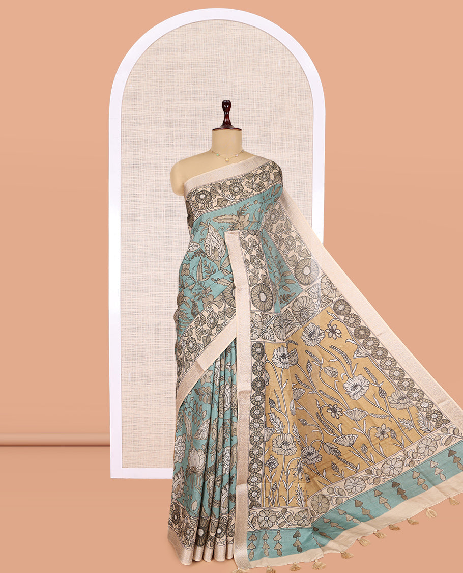 Blue Kalamkari Printed Fancy Tussar Saree