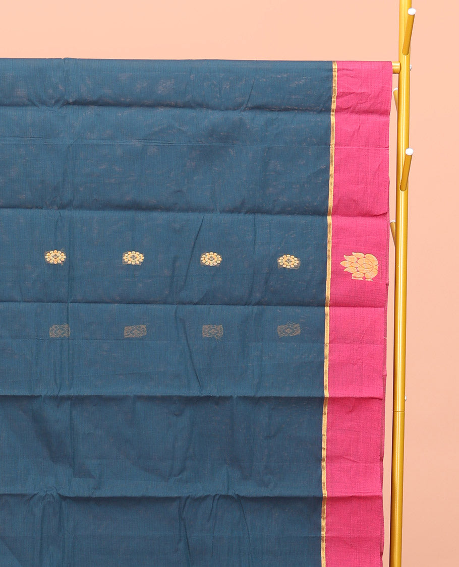 Blue Kanchi Cotton Saree, Adorned with Buttas All Over Its Body, Complemented by Contrast Border, Intricately Thread-Designed Pallu, and Paired with a Matching Blouse