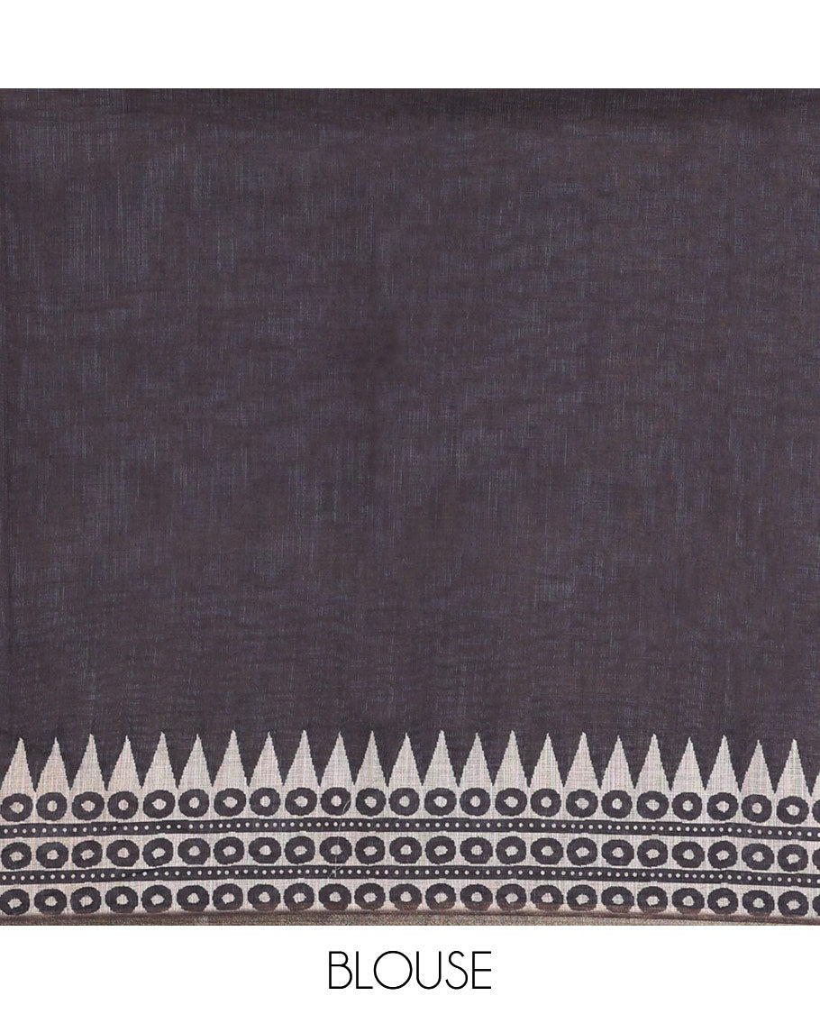 Chikku Plain Linen Cotton Saree, Artfully Printed Pallu of Temple Motifs, Circles, and Warli Village Themed Motifs Printed All Over Its Body, and Border, Pallu Pictures Warli Village Theme Motifs, and Paired with a Contrast Blouse