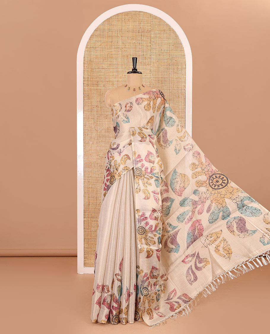 Borderless cream base multi-color abstract floral printed tissue saree, abstract printed pallu and a matching motifs printed blouse