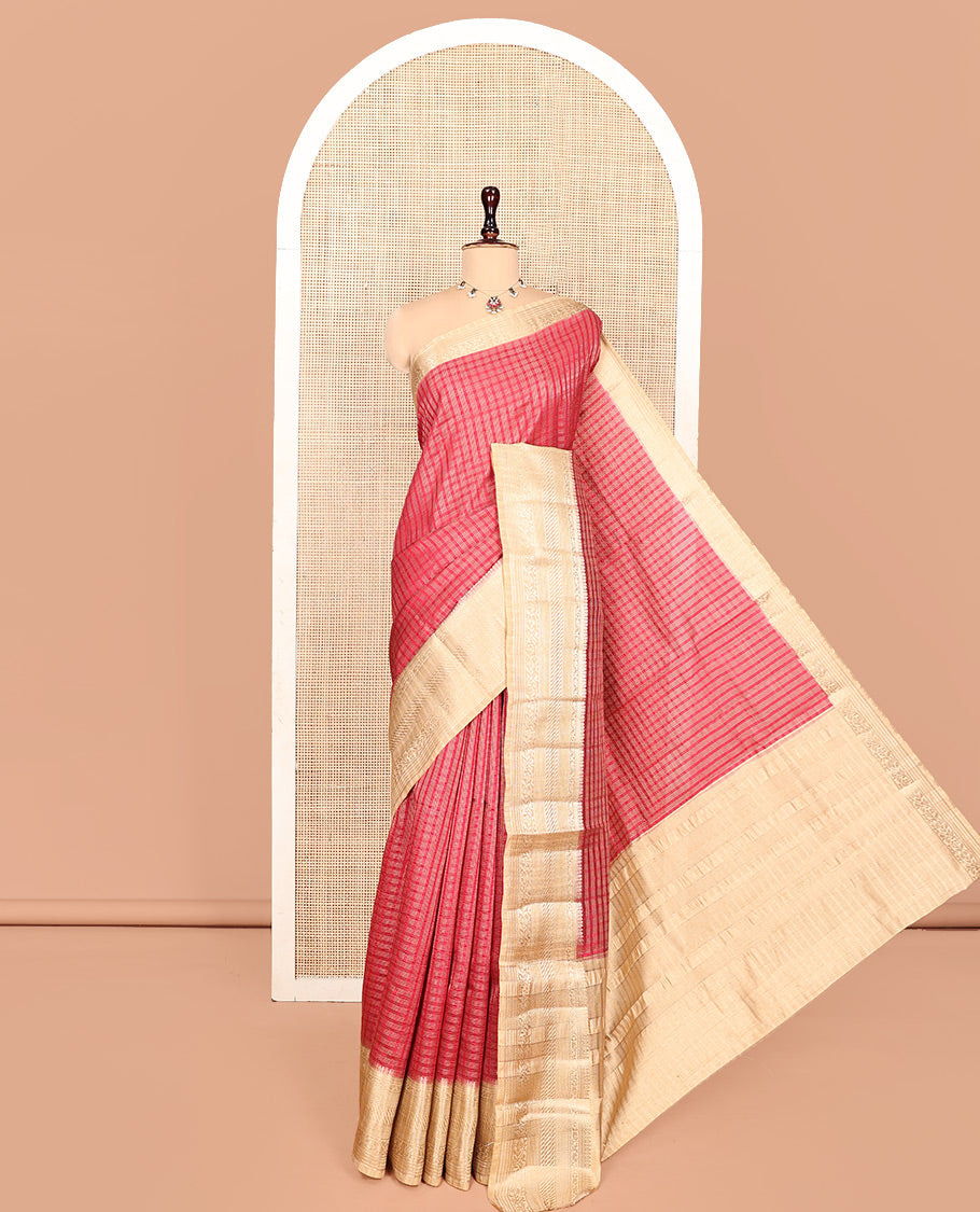 Red Semi-Banarasi Dupion Saree, Majestically Detailed with Zari Checks, a Contrast Traditional Zari Design Border, Striped Pallu, and a Contrast Blouse