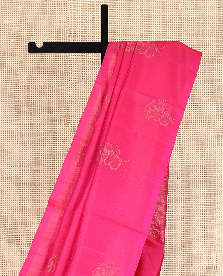 Borderless Pink Mayuri Soft Silk Saree, Graced with Buttas, Subtly Sparkled Pallu, and a Matching Blouse