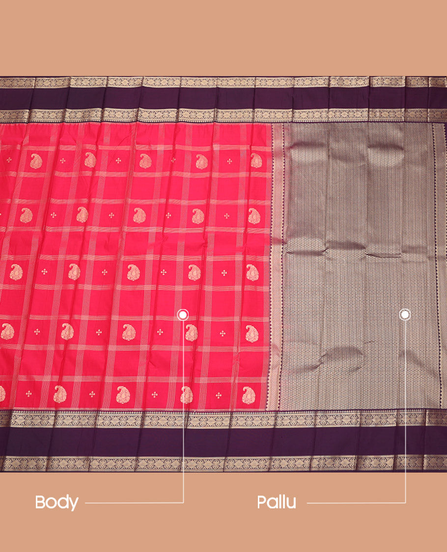 Red Budget Silk Saree, Detailed with Zari Butta Enclosed Checks, Complemented by a Contrast Traditional Zari Rettai Pettu Border, Grand Pallu, and a Contrast Blouse