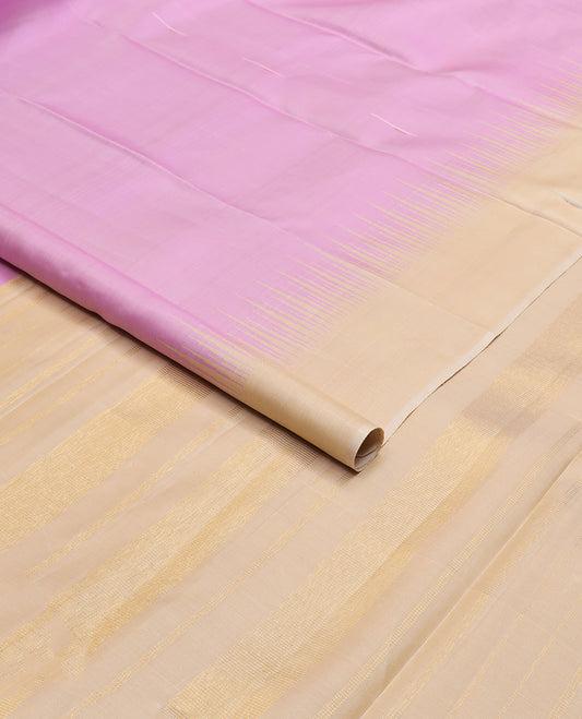 Pink geometric design kancheepuram silk saree with contrast temple border & striped pallu