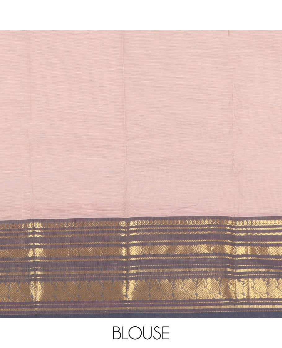 Grey Chettinad Cotton Saree, Accentuated with Thread Buttas All Over Its Body, Complemented by a Contrast Traditional Zari Design Woven Ganga-Jamuna Border, Pallu of Stripes, and Paired with a Matching Blouse