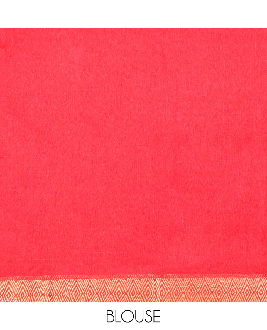 Red Maheshwari Cotton Saree, Elevated with Buttas on Its Body, Highlighted by Chevron Zari Design Border, Pallu of Zari Designs, and Paired with a Matching Blouse