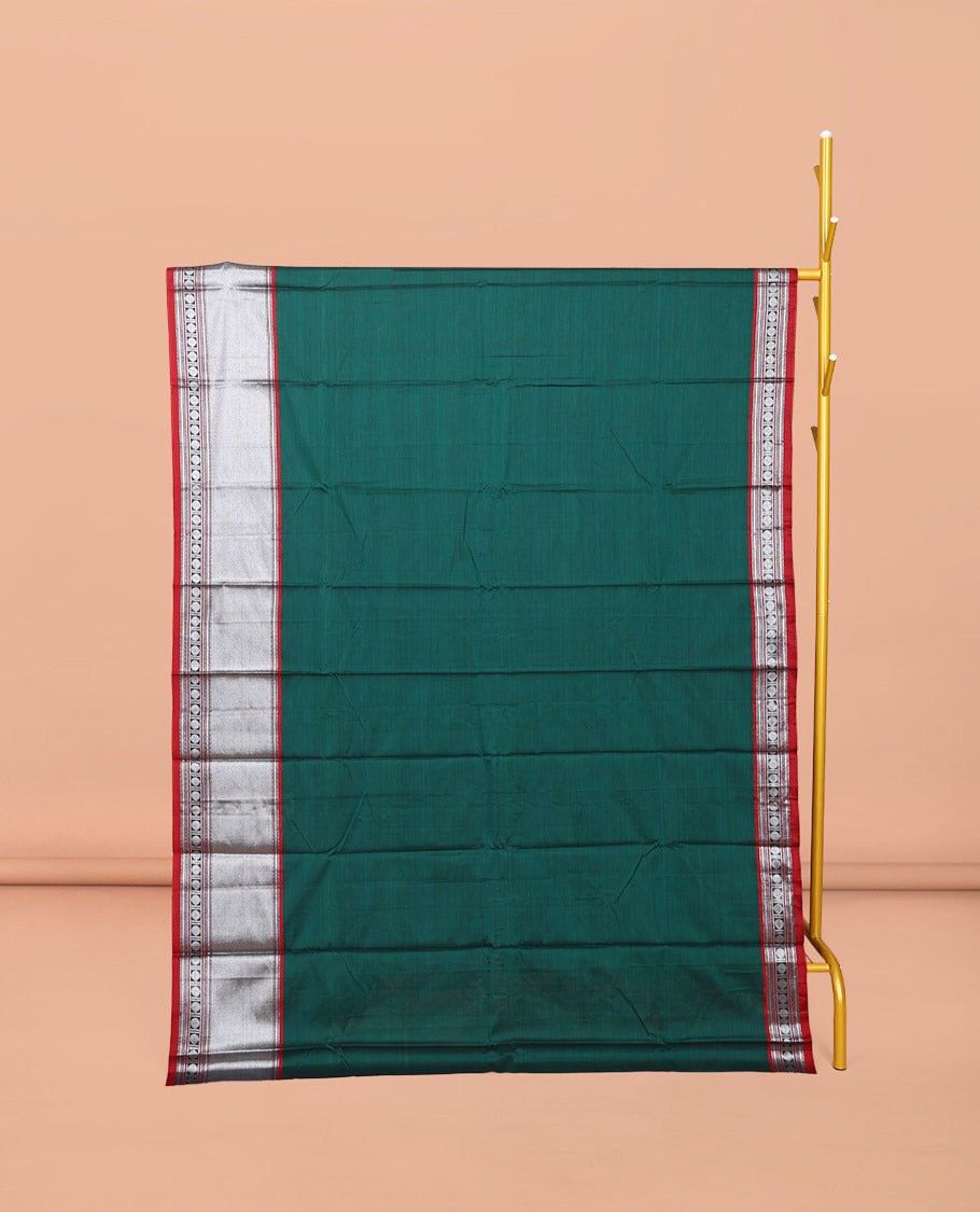 Green Plain Narayanpet Cotton Saree, Complemented by a Contrast Traditional Design Border, Striped Pallu, and Comes Without a Blouse