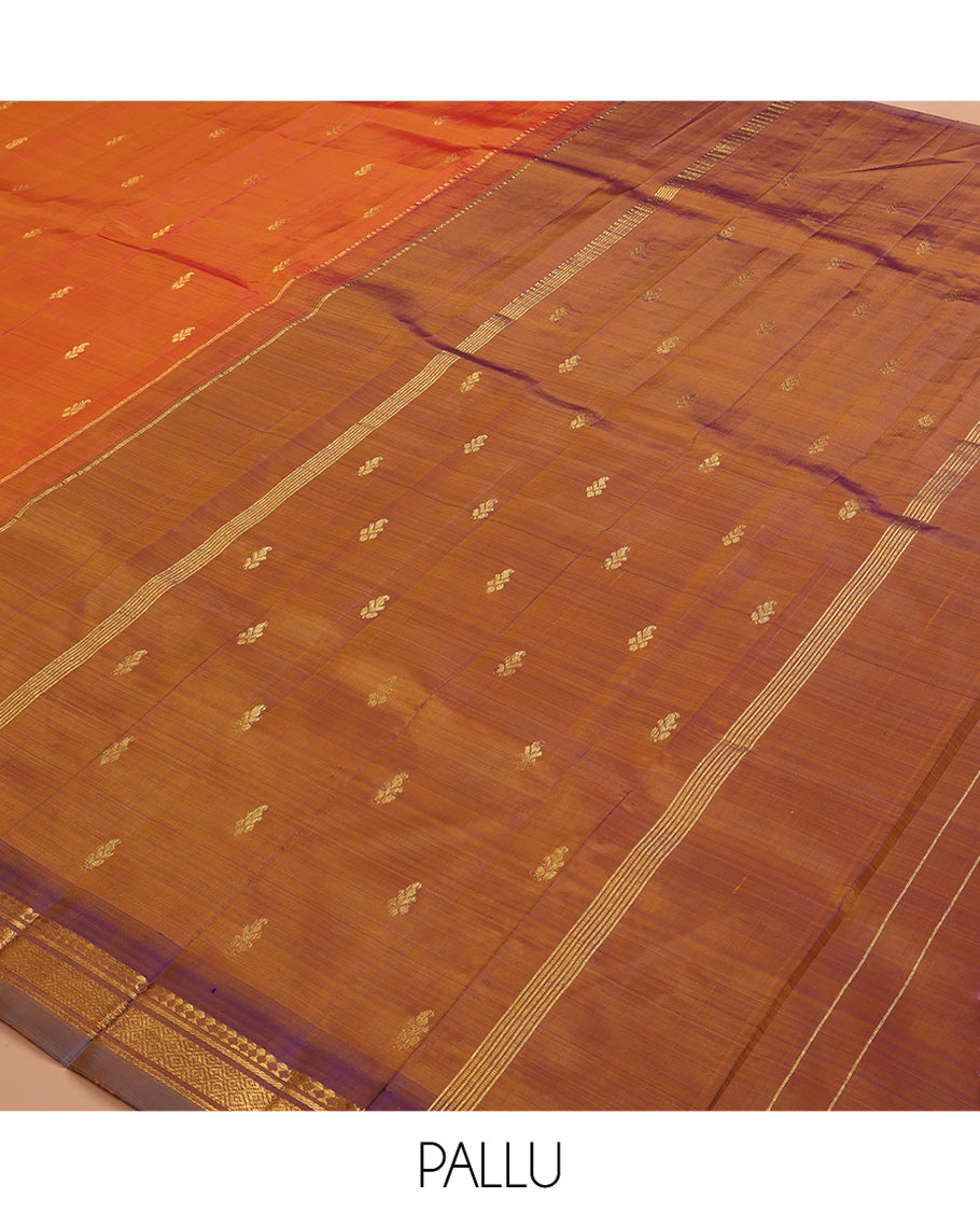 Rust Kanchipuram Silk Saree, Adorned with Zari Buttas, a Contrast One-sided Border of Panner Sombu, Banaras, and Jaal Designs, Zari Woven Pallu, and No Blouse