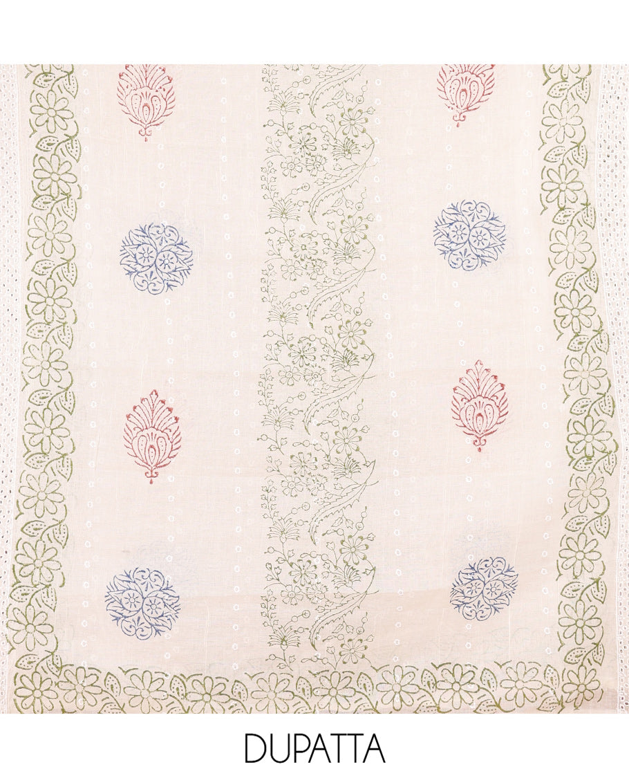 Mehendi Cotton Material Chudidar, Floral Printed Hakoba Top, a Contrast Bottom, Print-Hakoba Dupatta