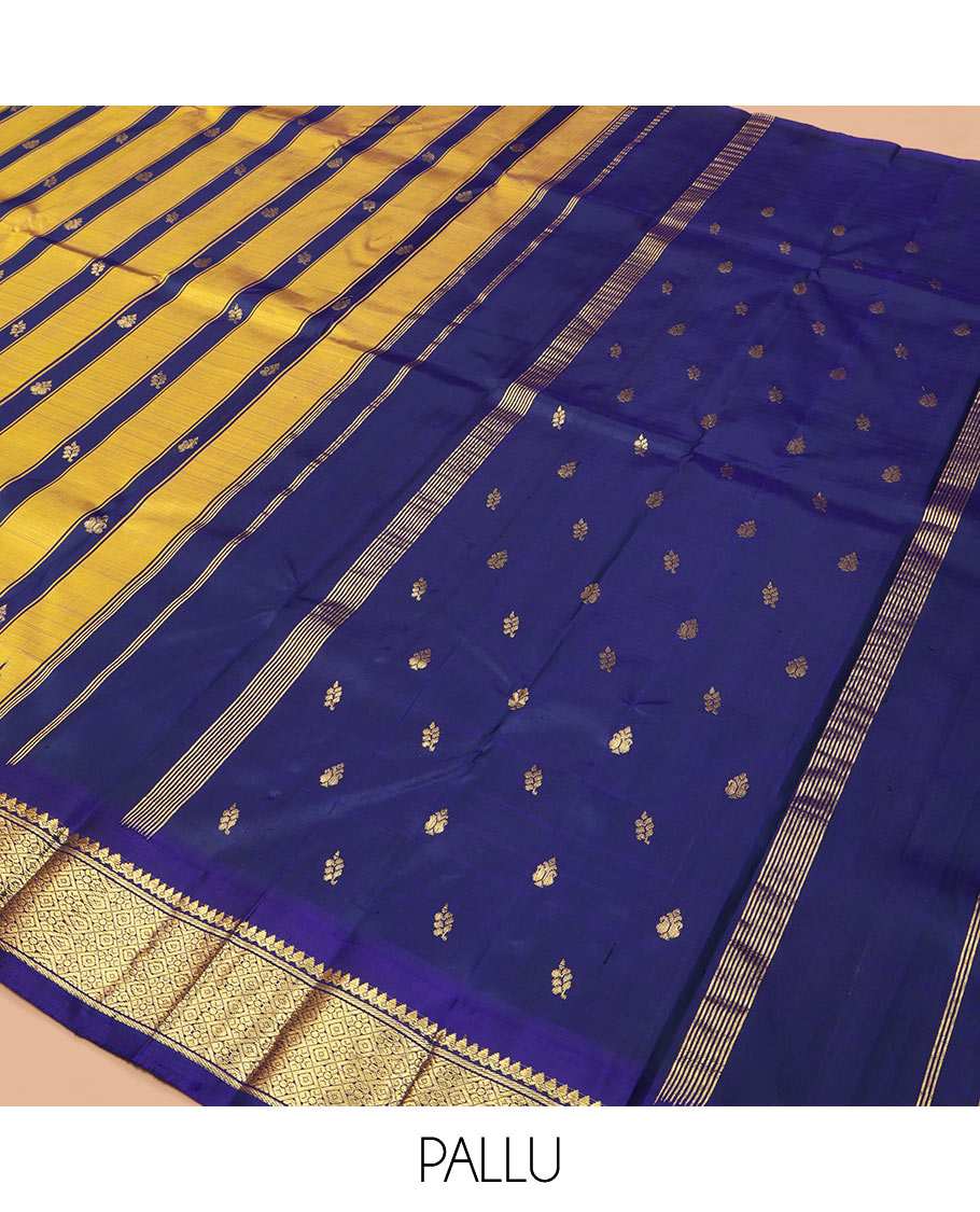 Yellow Kanchipuram Silk Saree, Crafted with Zari Buttas and Stripes, Highlighted by a One-Sided Zari Border of Thilakam Mokku, and Jaal Design, Zari Design Pallu, and a No Blouse