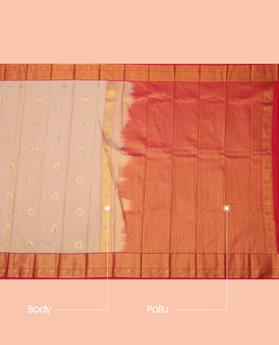 Sandal Budget Silk Saree, Featuring Zari Buttas, Complemented by a Contrast Traditional Zari Border, Grand Jaal Pallu, and Contrast Blouse