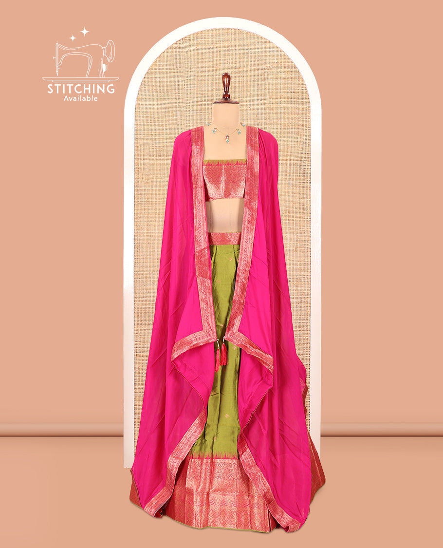 Parrot Green-Rani Pink Semi-Silk Half-Saree, Zari Buttas Skirt, Contrast Traditional Zari Border, a Matching Blouse, a Contrast Blouse