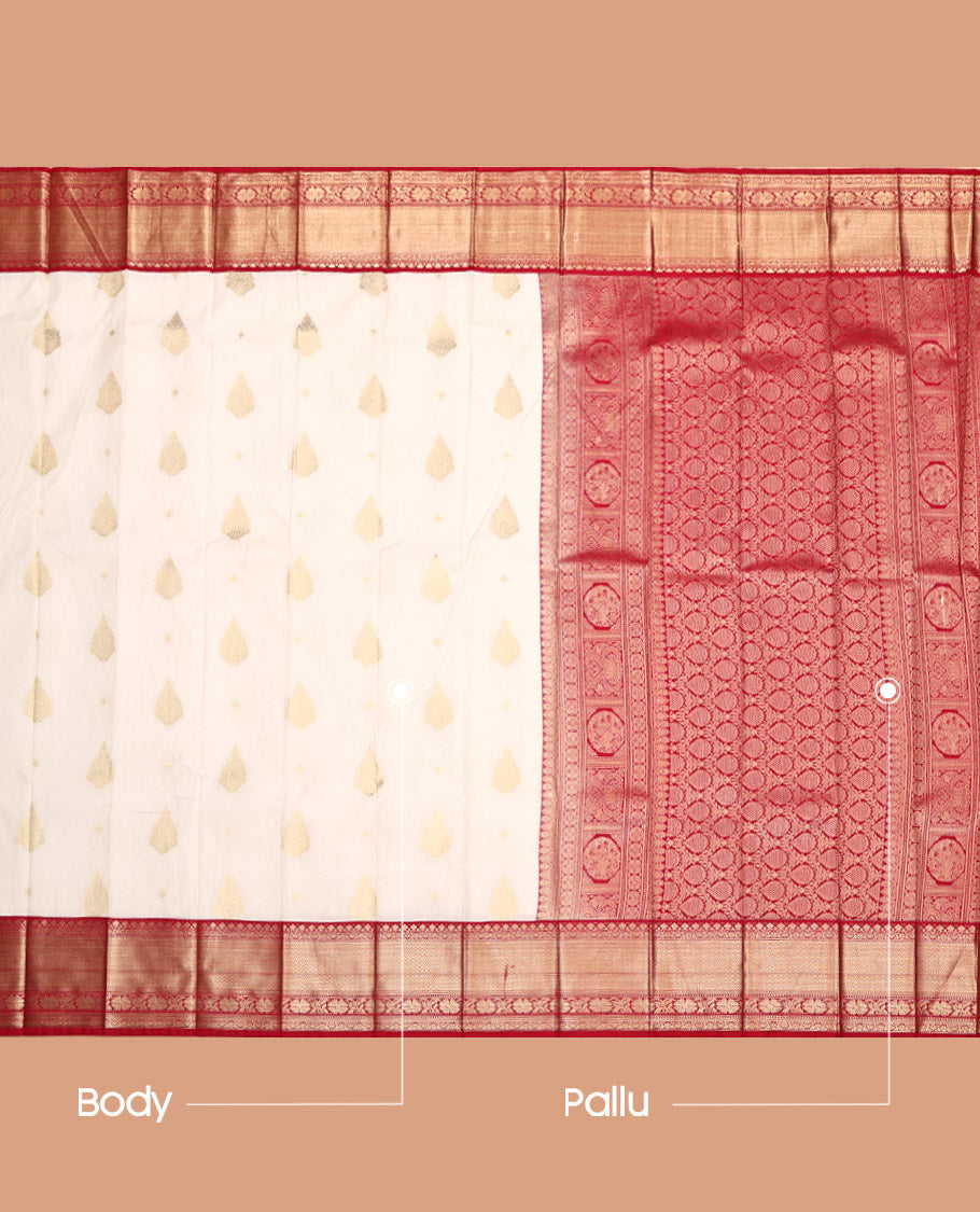 Cream Budget Silk Saree, Enthralled with Zari Buttas All Over Its Body, Complemented by Contrast Traditional Zari Design Border, Grand Pallu, and Paired with a Contrast Blouse