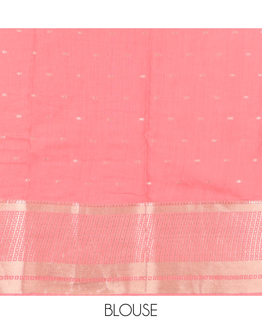 Navy Blue Assam Silk Saree, Spotlighted with Zari Buttas, Complemented by Contrast Zari Border, Zari Woven Pallu, and Contrast Blouse