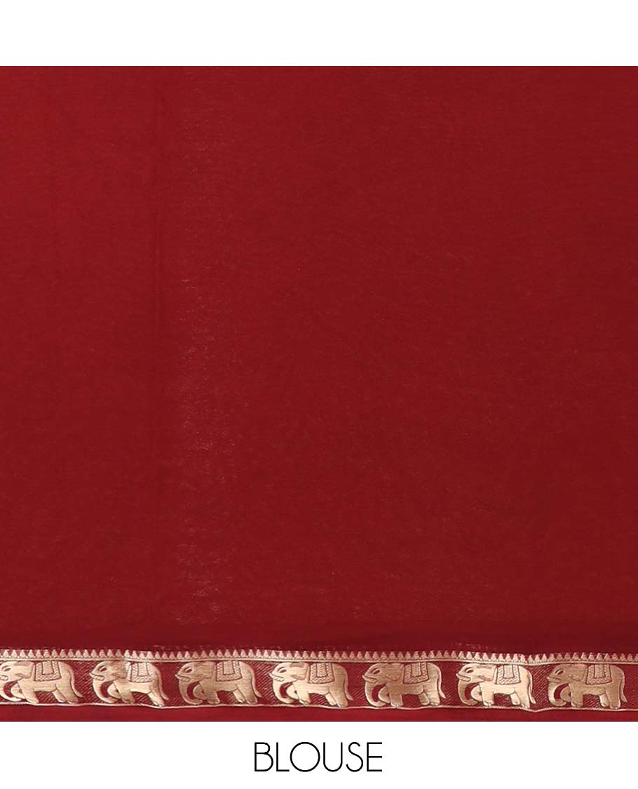 Yellow Plain Fancy Chiffon Saree, a Contrast Elephant Zari Border, Zari Striped Pallu, and a Contrast Blouse