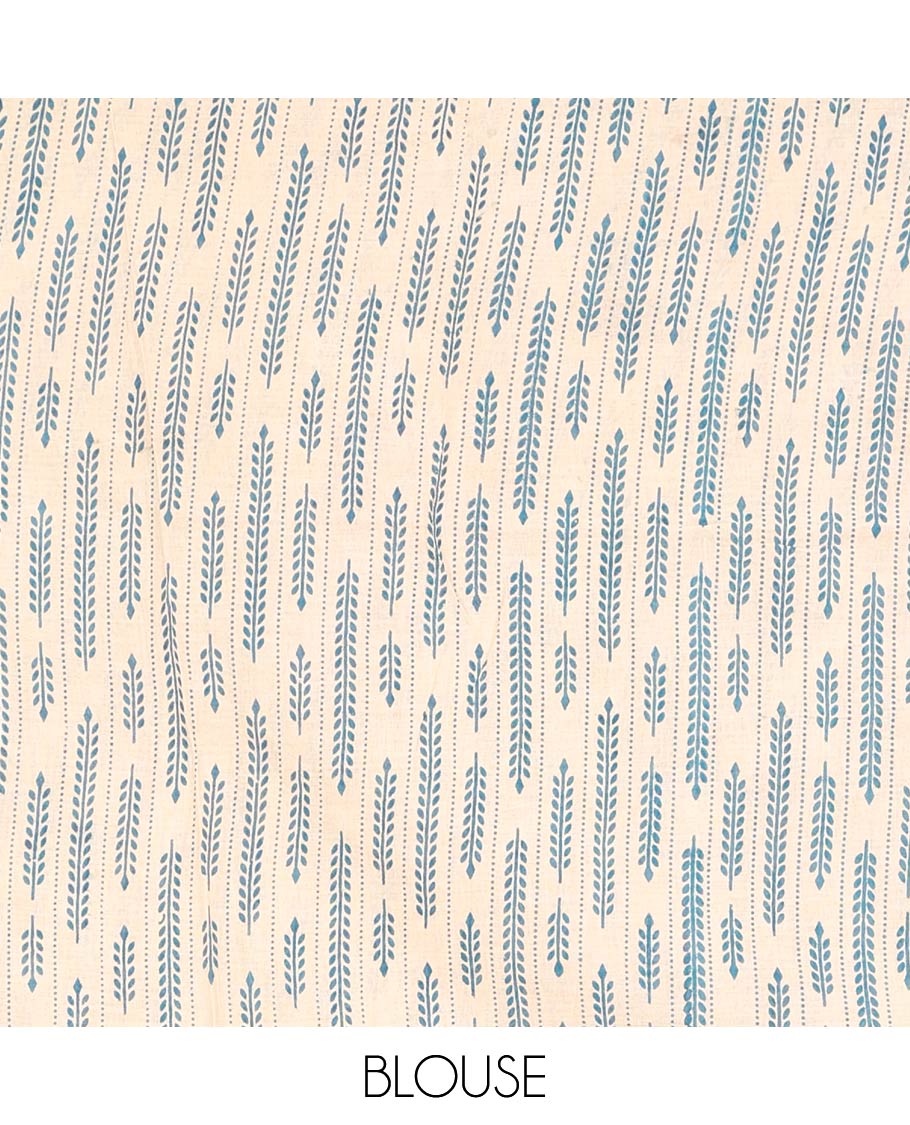 Blue Machine-Printed Kalamkari Cotton Saree Features Butta Enclosed Jaal, Floral Printed Border, Pallu of Peacocks, and a Contrast Blouse
