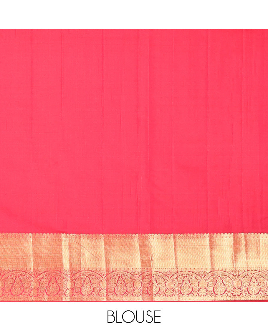 Orange Vasundhara Lite Silk Mix Saree, Beautified with Zari Buttas, a Contrast Border of Thilakam Mokku, Rudraksham, Mayil Kann, and Zari Designs, Grand Pallu, and a Contrast Blouse