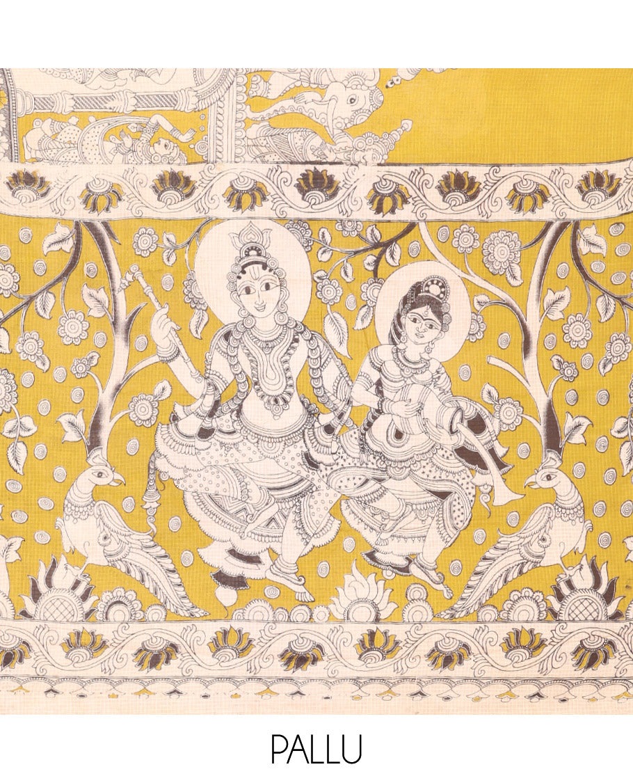 Borderless Yellow Kalamkari Cotton Saree Features Ancient Human Motifs Print, Self-Pallu of Human Motifs, and a Contrast Blouse