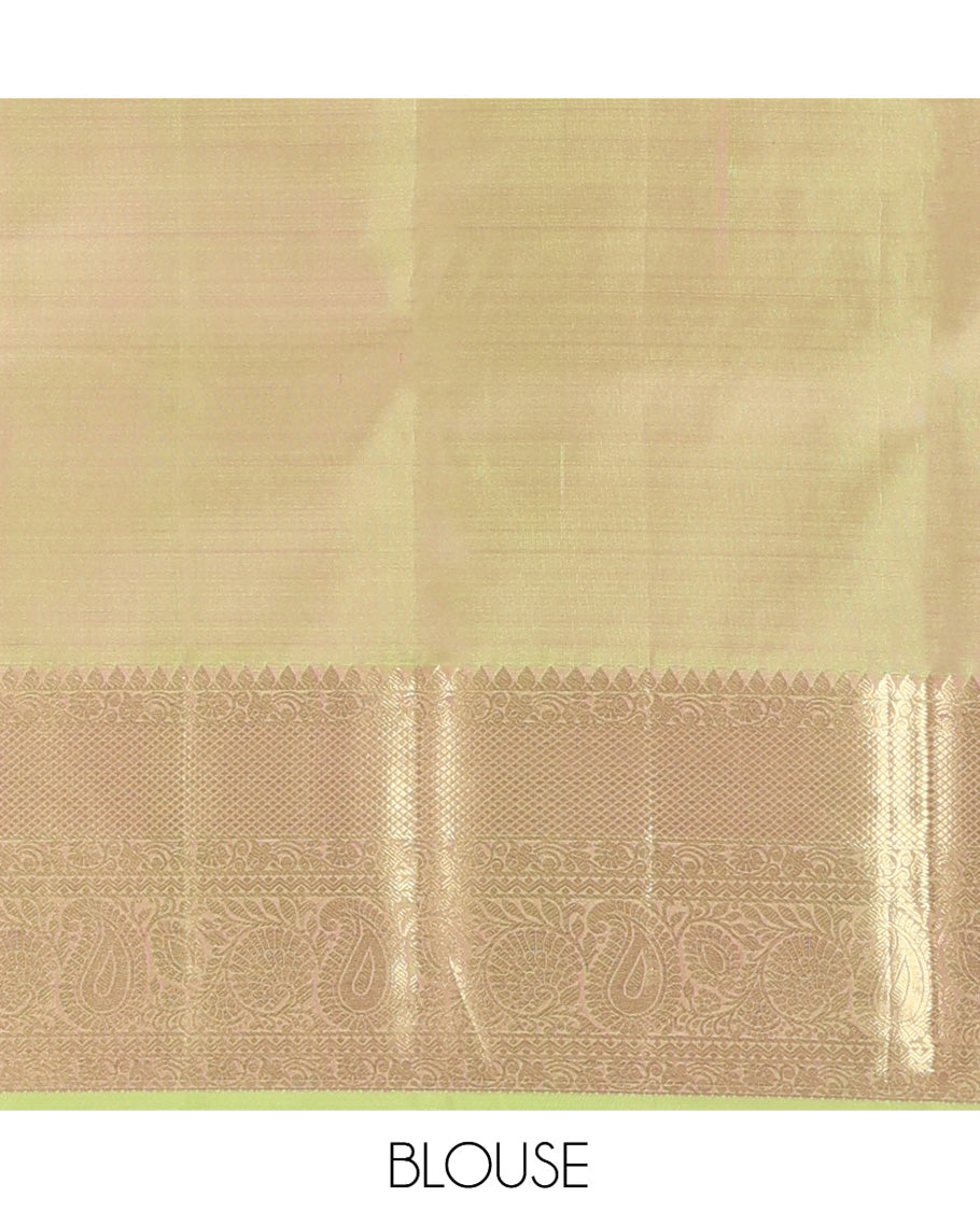 Green Kanchipuram Wedding Silk Saree, Detailed with Jacquard Design, a Zari Border of Thilakam, Mayil Kann, Kodi Visiry, Neli, and Manga Designs, Jaal Pallu, and a Matching Blouse