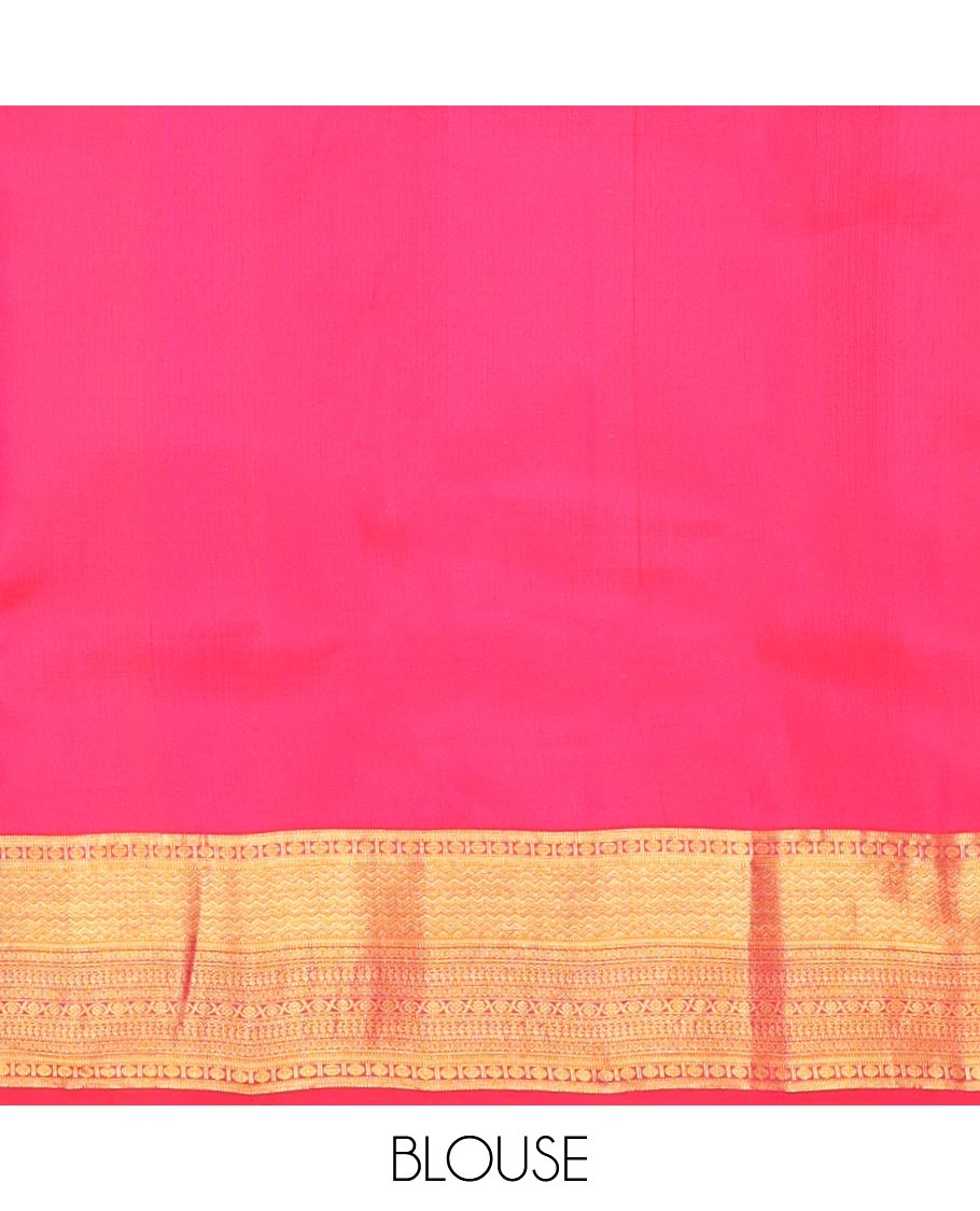 Pink Kanchipuram Wedding Silk Saree, Ornamented with Jacquard Design, a Zari Border of Muthu, Kathir, Poun, Vanki, Diamond, Manga, and Cross Kamalam, Jaal Pallu, and a Matching Blouse