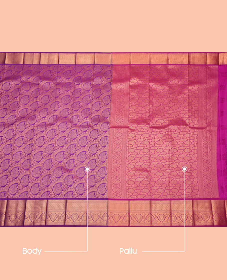 Purple Budget Silk Saree, Enthralled with a Jacquard Design, Highlighted by a Traditional Zari Border, Grand Pallu, and Contrast Blouse