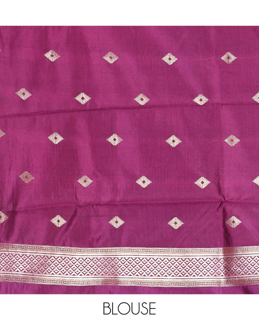 Blue Dupion Silk Saree, Woven with Micro-Checks, Highlighted by Temple Border, Complemented by a Contrast Geometric-Patterned Pallu, and a Contrast Blouse