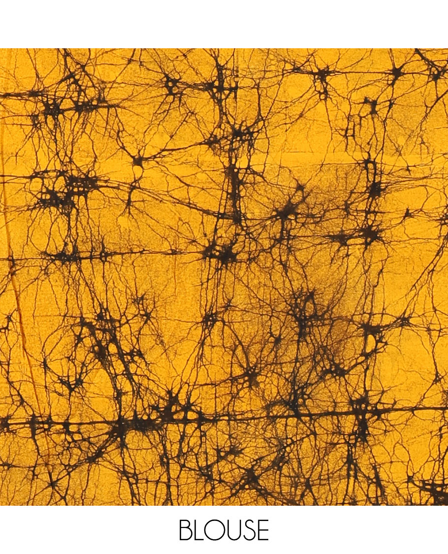 Black batik vertical stripes printed mul cotton saree, batik printed border, pallu of multi-color circle design, and a contrast batik printed blouse