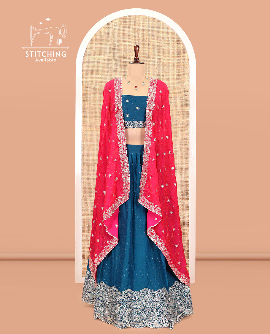 Peacock Blue Velvet Organza Half-Saree with Glitter Work Skirt, Embroidered Border, a Matching Blouse, and Contrast Embroidered Dhavani