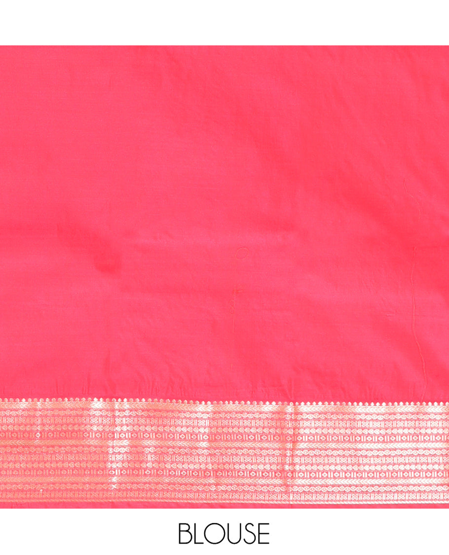 Orange Budget Silk Saree, Graced with Zari Buttas, Complemented by a Contrast Traditional Zari Border, Pallu of Jaal and Paisleys, and Contrast Blouse
