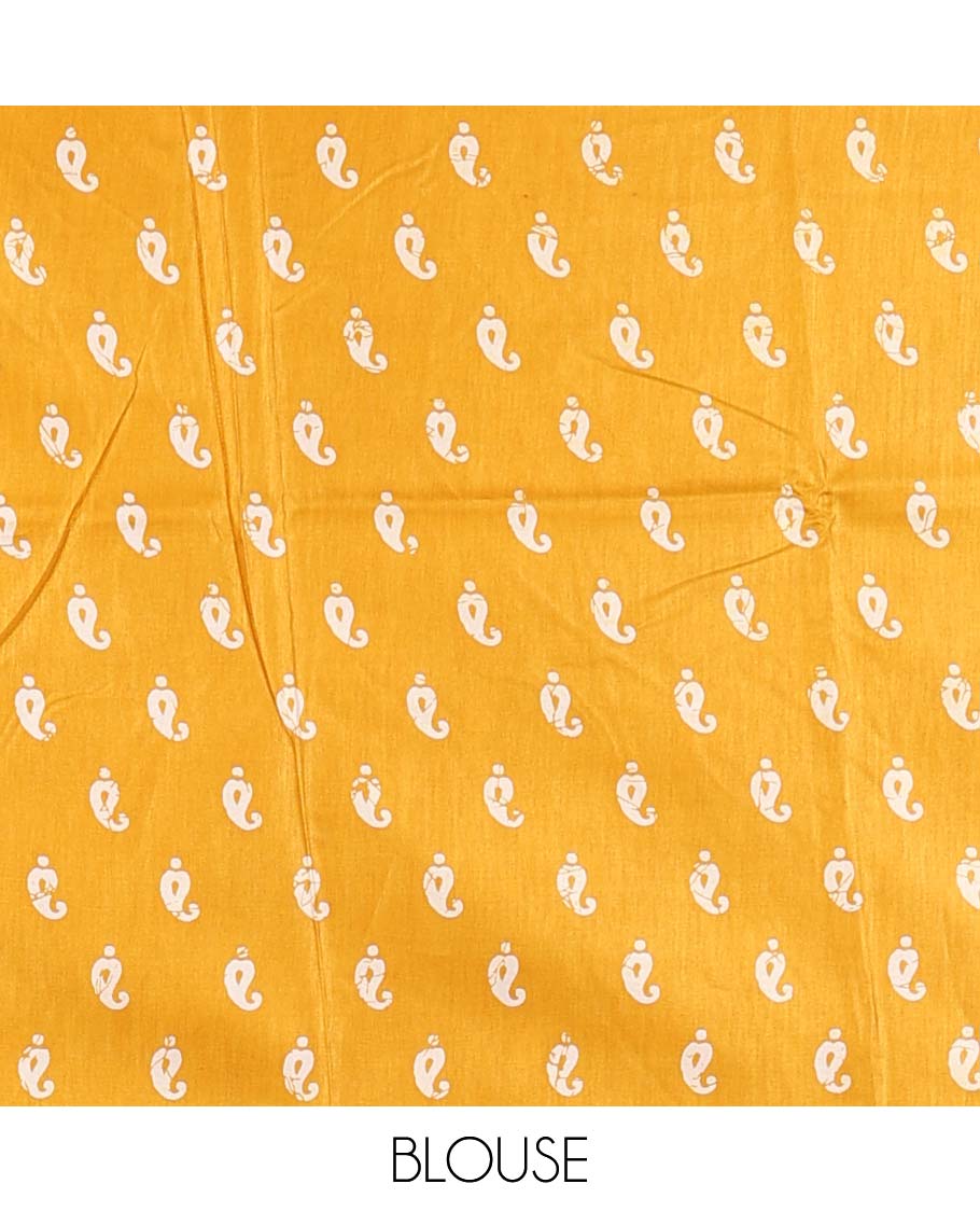 Mustard pathik print dola soft silk saree with smally carry design print blouse