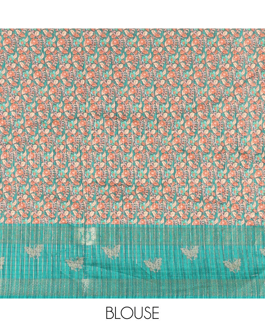 Orange gold zari checked katan silk saree with contrast traditional zari border of butterfly print, floral vine printed pallu, and a contrast printed blouse